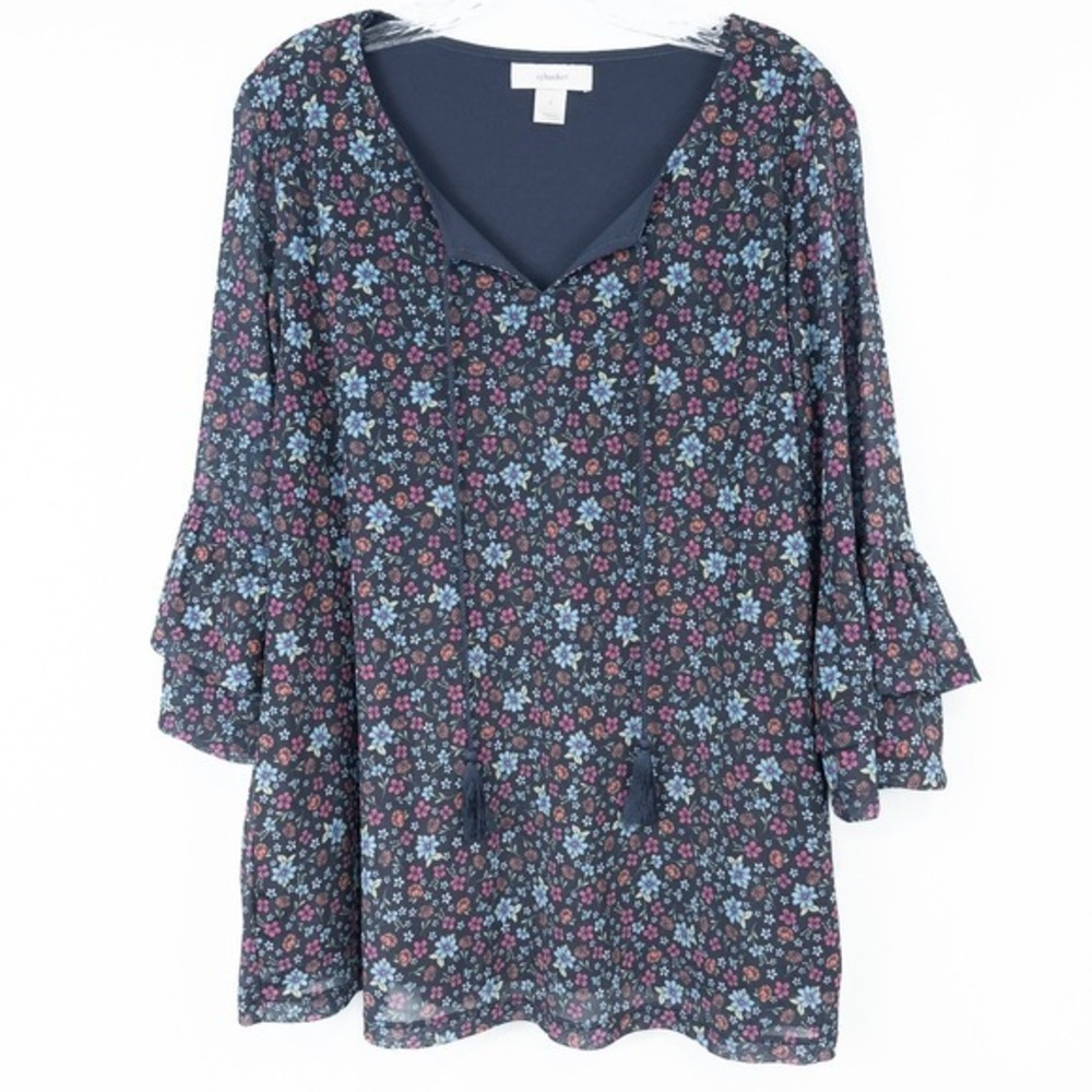 CJ Banks Floral Ruffle Flounce Sleeve Tie V Neck Top Size X (14W) Stretch Lined